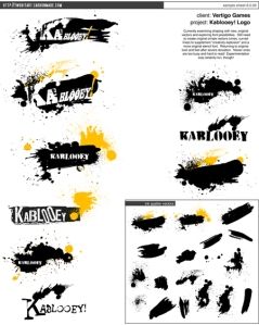 A progress sheet for Kablooey! showing multiple logo designs.